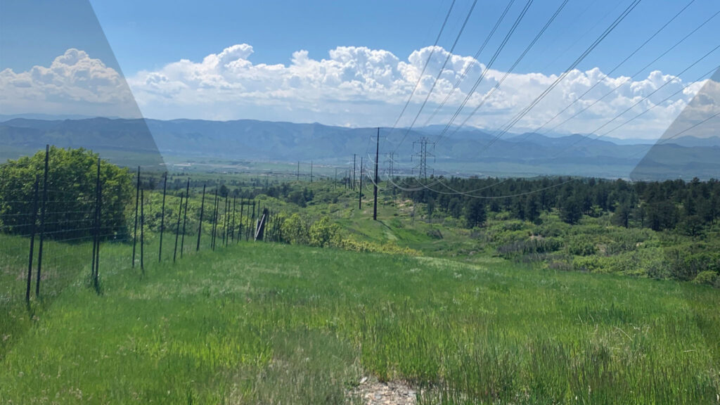 transmission power lines running through a field with clouds on the horizon